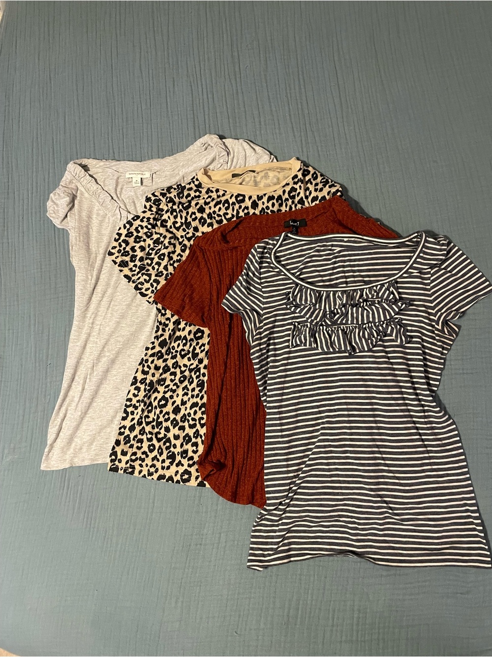 Bundle of 4 Women’s Short-Sleeve Tops Pack — Stripe, Leopard, Rust & Light Gray